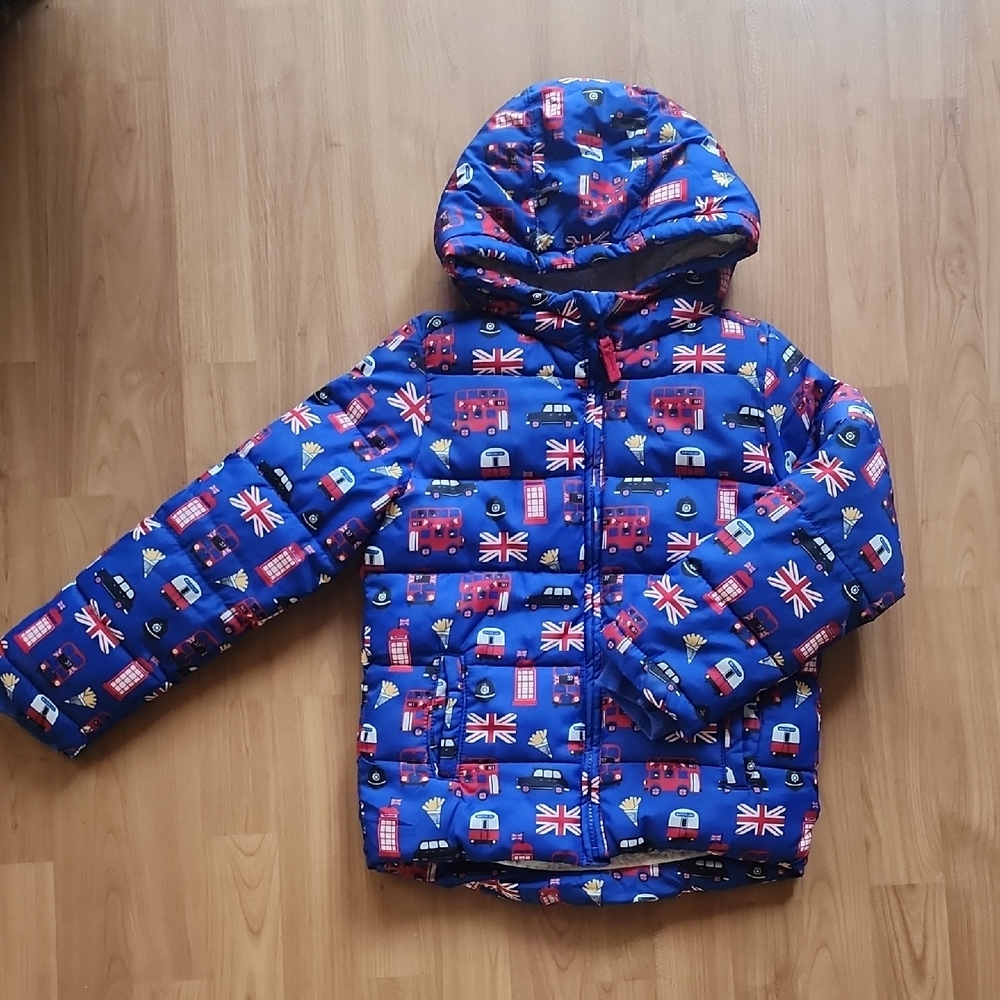 Blue Puffer Jacket with British Flag Print